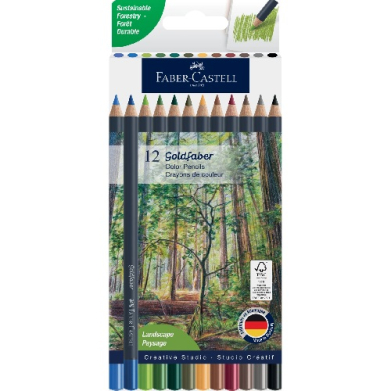Pack of 12 Faber-Castell Goldfaber color pencils in a blister-pack with a forest landscape on the wrapper.