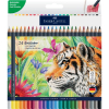 Pack of 24 Faber-Castell Goldfaber color pencils in a vibrant tiger-themed packaging with colorful jungle artwork in the background and a green badge in the corner.