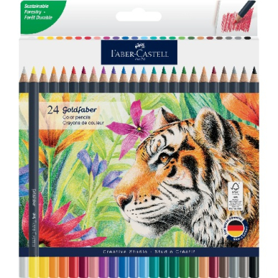 Pack of 24 Faber-Castell Goldfaber color pencils in a vibrant tiger-themed packaging with colorful jungle artwork in the background and a green badge in the corner.
