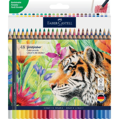 Faber-Castell Goldfaber color pencil set, 48 colors, packaging features a tiger and tropical flowers.