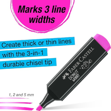 Faber-Castell pink marker with a bright pink cap; blue strips advertise 3-line widths and a 3-in-1 durable chisel tip.