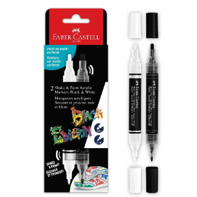 Faber-Castell multi-surface paint markers in black and white with packaging card showing the product name.