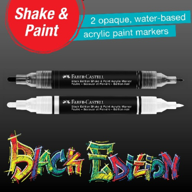 Two Faber-Castell Shake & Paint opaque water-based acrylic markers shown side-by-side with white caps, on a gradient background, above a colorful graffiti-style 'Black Edition' graphic.