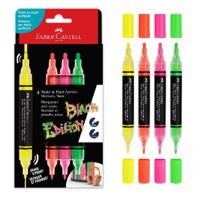 Set of four FabER Castell Shake & Paint Acryli markers in yellow, orange, pink, and green with caps shown beside the black packaging box.