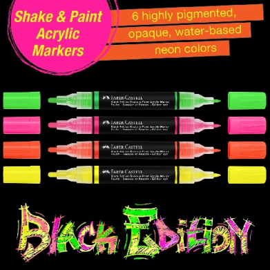 Neon-colored marker set displayed on a black background; six pens in green, pink, orange, and yellow with caps on both ends. A pink circular label reads 'Shake & Paint Acrylic Markers' and orange ribbons note '6 highly pigmented, opaque, water-based neon colors'; bottom features 'Black Edition' in bright stylized text.