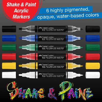 Six colored acrylic markers with matching color caps lined up horizontally on a dark gradient background, advertising Shake & Paint Acrylic Markers.