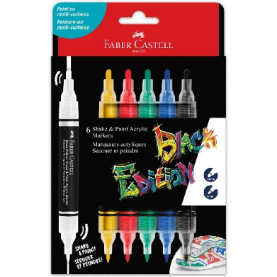 Faber-Castell Shake & Paint acrylic marker set, six markers in assorted colors, shown on packaging with a bold Black Edition graphic.
