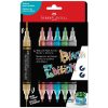 Pack of 6 Faber-Castell Shake & Paint acrylic markers in metallic colors, shown with a black display package and color caps on top and bottom.