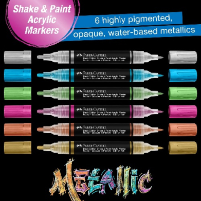 Six color-coded acrylic markers lined up on a black background, with a purple Shake & Paint Acrylic Markers badge and a blue banner that reads '6 highly pigmented, opaque, water-based markers'.