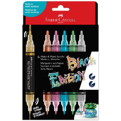 Pack of 6 Faber-Castell Shake & Paint acrylic markers in metallic colors, shown with a black display package and color caps on top and bottom.