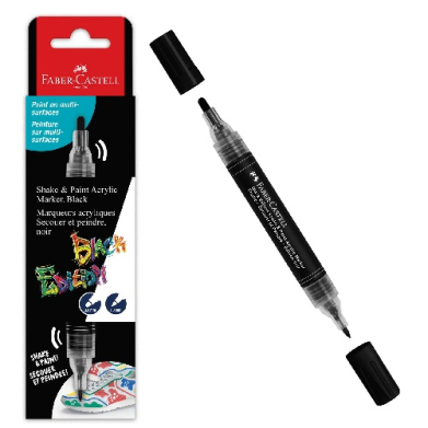 Faber-Castell black paint marker for multi-surfaces shown with its packaging and cap/upper barrel detached.