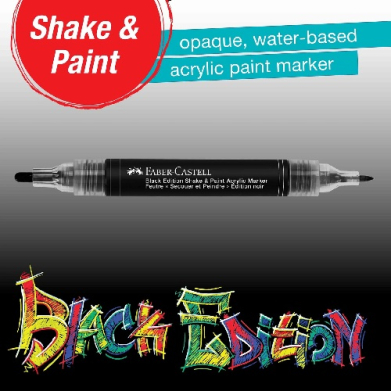 Product image: Faber-Castell Shake & Paint Black Edition acrylic paint marker, shown with red circular logo and blue labels, against a gradient background.