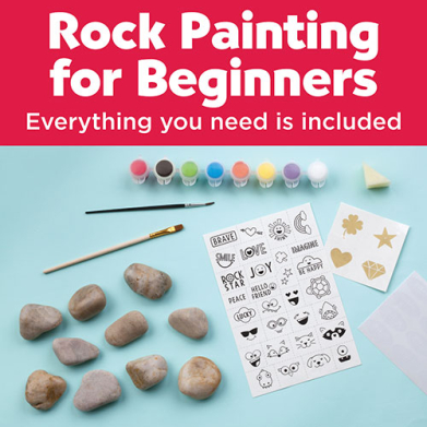 Cover image for 'Rock Painting for Beginners' showing paints, brushes, smooth stones, and design sheets on a blue table with a note that everything you need is included.