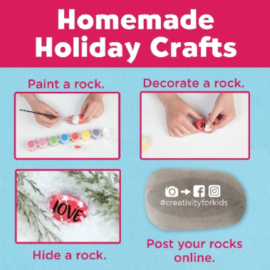 Poster titled 'Homemade Holiday Crafts' showing four rock crafts: paint, decorate, hide, and post online for kids.