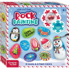 Rock Painting kit box showing 10 rocks and 8 paint colors with festive designs (penguin, Santa, snowman, reindeer, tree); for ages 6+