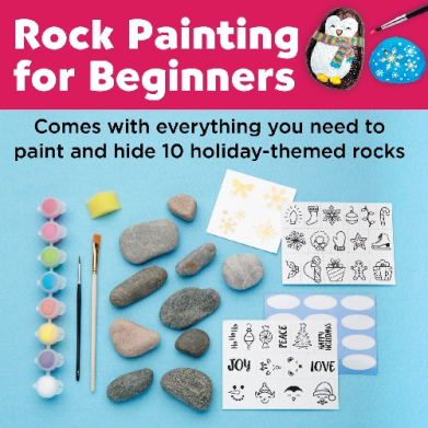 Rock painting for beginners kit with rocks, paints, brushes, and templates shown on a bright blue background
