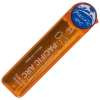 Orange plastic case with a blue circular seal at one end, photographed diagonally.