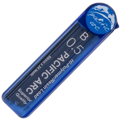 Blue plastic case containing 0.5 mm graphite lead (B hardness) for a mechanical pencil, labeled Pacific Arc.