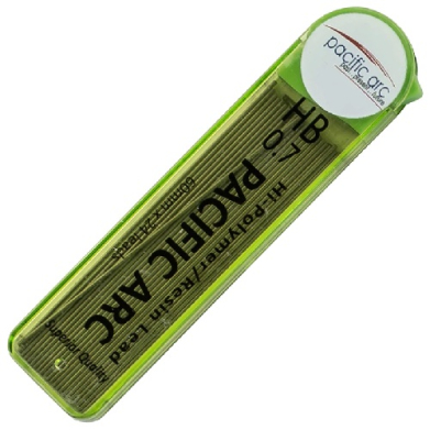 Green plastic case with thin graphite leads for a mechanical pencil, labeled HB 0.7 and Pacific Arc graphite lead refills.
