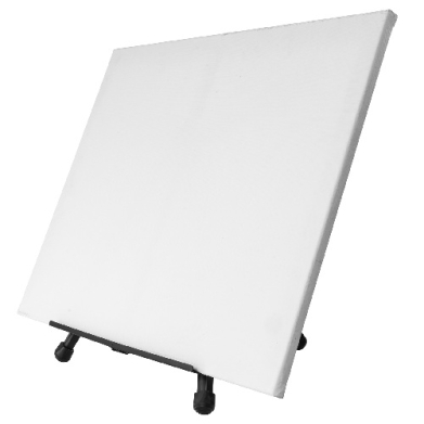 Blank white canvas on a small adjustable easel, ready for painting or display