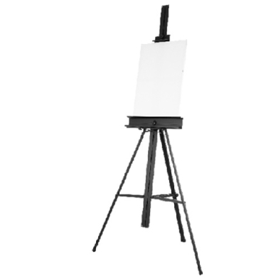 Tripod easel holding a blank white canvas in an art setup