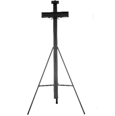 Metal easel with a tripod base and canvas support at the top, used to hold a painting or display artwork.