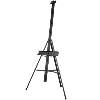 Black wooden artist easel with adjustable legs and a small shelf, standing on a white background.