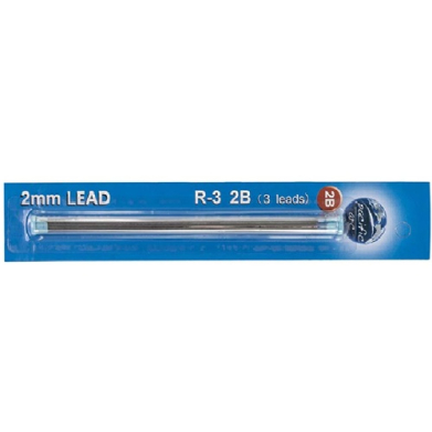 Blue-packaged 2mm lead for a mechanical pencil, labeled R-3 2B with 3 leads inside the blister