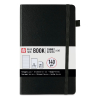 Black hardcover notebook with elastic closure and ribbon bookmark, labeled 140 g/m², 160 pages