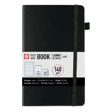 Black hardcover notebook with elastic closure and ribbon bookmark, labeled 140 g/m², 160 pages