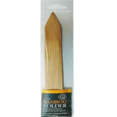 Long bamboo folder tool in clear plastic packaging with orange label reading 'Large Bamboo Folder'.