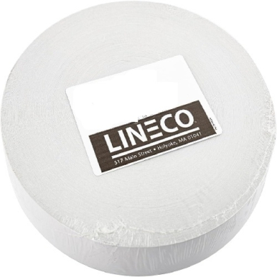 Roll of white toilet paper with a black-and-white LINECO label placed on top