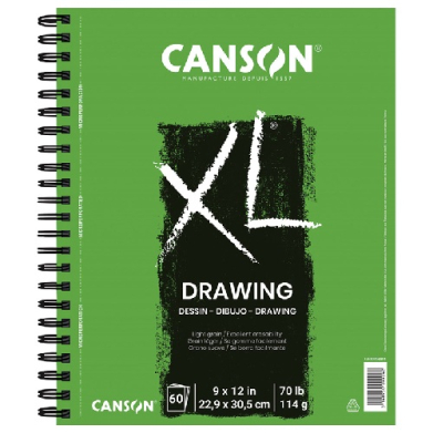 Green spiral-bound drawing pad with 'Canson' branding and 'DRAWING' label on the cover; shows 9 x 12 in (22.9 x 30.5 cm), 70 lb (114 g) paper weight.