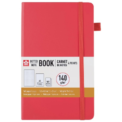 Red A5 dotted notebook with matching elastic closure and ribbon bookmark.