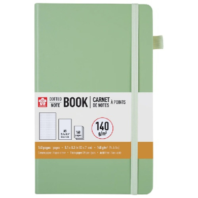 Green dotted hardcover notebook with a white elastic band; label notes 140 g/m², 160 pages, A5 size.