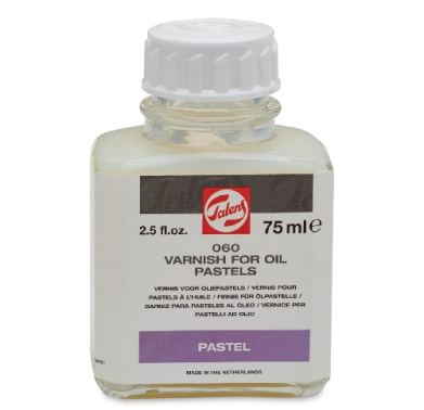 Bottle of Talens varnish for oil pastels (75 ml), white screw cap, label reads 'Pastel' and 'Varnish for Oil'