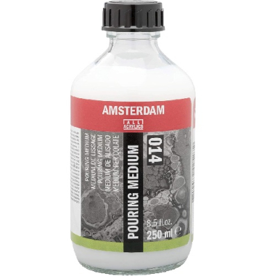 Bottle of Amsterdam Pouring Medium for acrylic paints, 250 ml, with red label and black screw cap.
