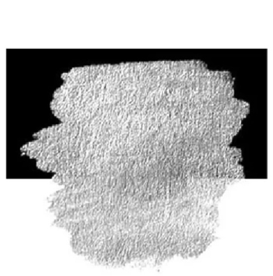 Abstract grayscale paint blotch with a rough texture on a black rectangular strip behind it, centered on a white background.