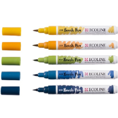 Five ECOLINE Brush Pen markers with exposed tips on the left and colored caps on the right, arranged in a row on a white background.