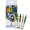 Five Ecoline brush pens in orange, yellow, green, blue, and teal laid out beside their packaging.