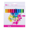 Set of 10 Ecoline Brush Pens in bright primary colors visible through a cutout window on a white box with colorful paint splash design and pink accents at bottom.