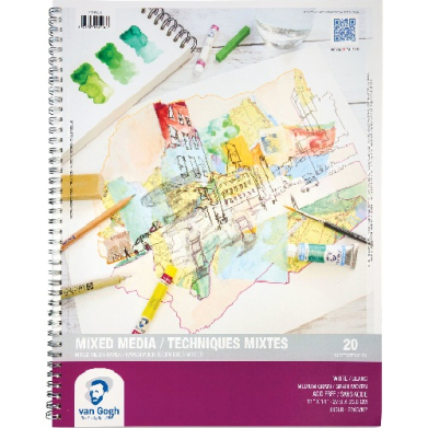 Magazine cover showing a colorful art collage with watercolors, tubes, brushes and a map on layered papers in a mixed-media theme.