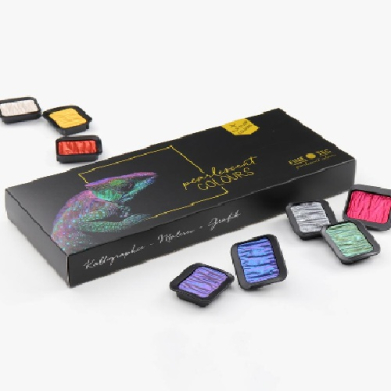 Black rectangular makeup palette box surrounded by small rectangular pigment pans in pink, yellow, orange, purple, blue, green.