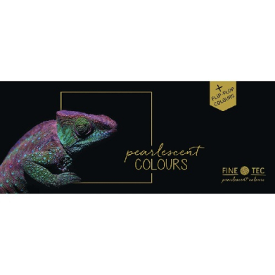 Black banner with a vibrant, multicolored chameleon on the left, gold framed square and the text 'pearlescent COLOURS' in gold; Fine Tec logo on the right (flip-flop colours tag)