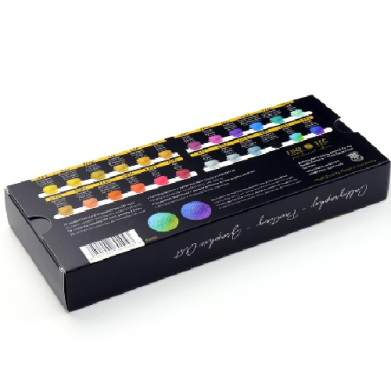 Box of assorted nail polishes in a long black carton, arranged in rows by color.