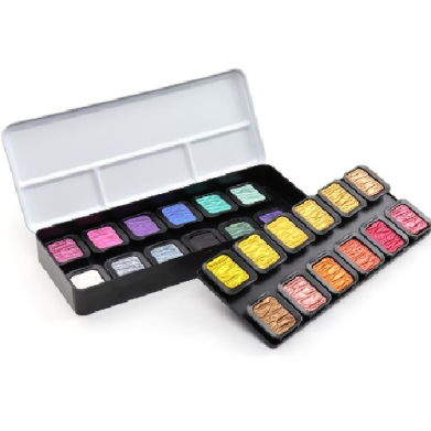 Portable watercolor paint set with a hinged lid open, showing multiple rectangular color pans in two connected trays.