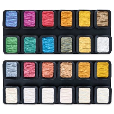 Three-row set of square watercolor paint pans in a black case, showing a full color spectrum from blues and greens to yellows and earth tones.
