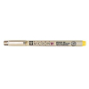 Micron 01 fineliner pen with a white barrel, black lettering, and a yellow cap on the right.
