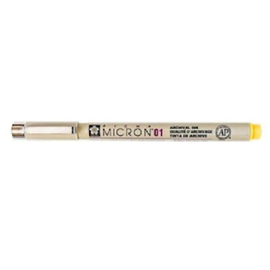 Micron 01 fineliner pen with a white barrel, black lettering, and a yellow cap on the right.