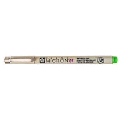 Beige Micron 01 archival marker pen with a green cap and metal tip on a white background.